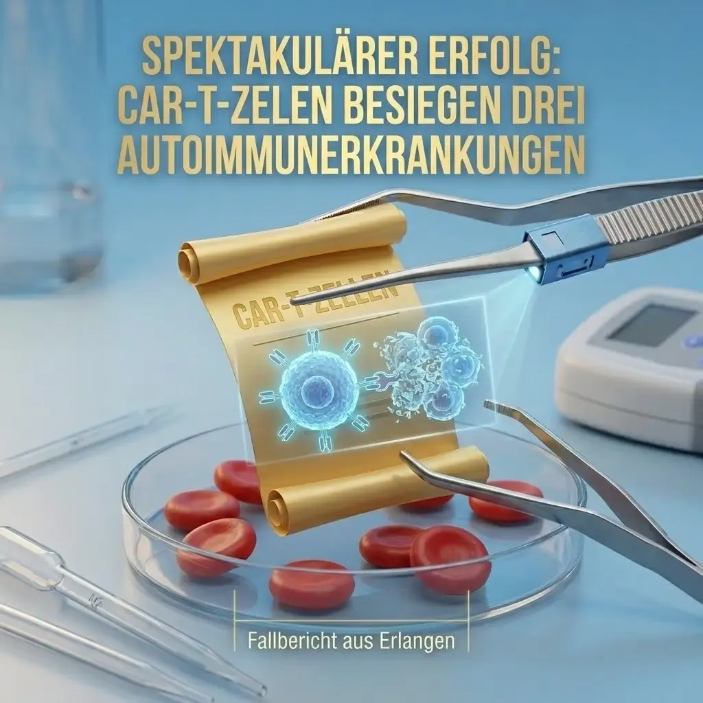 Illustration von CAR-T-Zellen über einer Petrischale mit roten Blutkörperchen – Fallbericht aus Erlangen