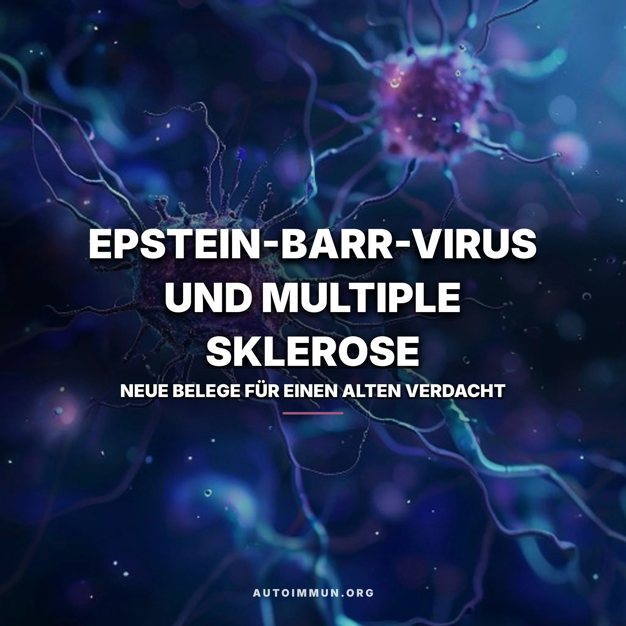 Illustration einer Nervenfaser mit angegriffener Myelinscheide, davor Epstein-Barr-Viruspartikel und eine CD8+-T-Zelle
